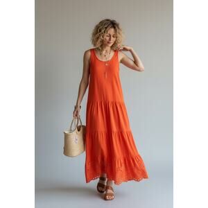 J. Crew Orange Racerback Tiered Maxi Dress with Scalloped Eyelet Detail Small
